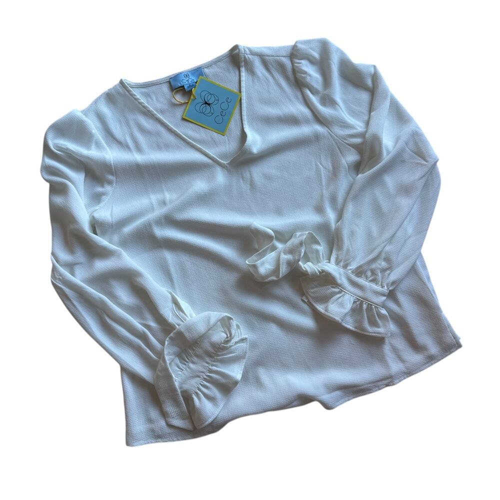 NWT CeCe women’s medium White Long Sleeve V-Neck Blouse with Ruffle Tie-Cuffs - Picture 4 of 12